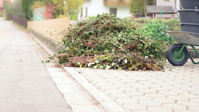 garden waste on front drive with wheel barrow